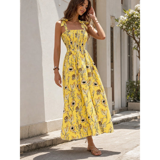 Women's Yellow Floral Print Maxi Dress