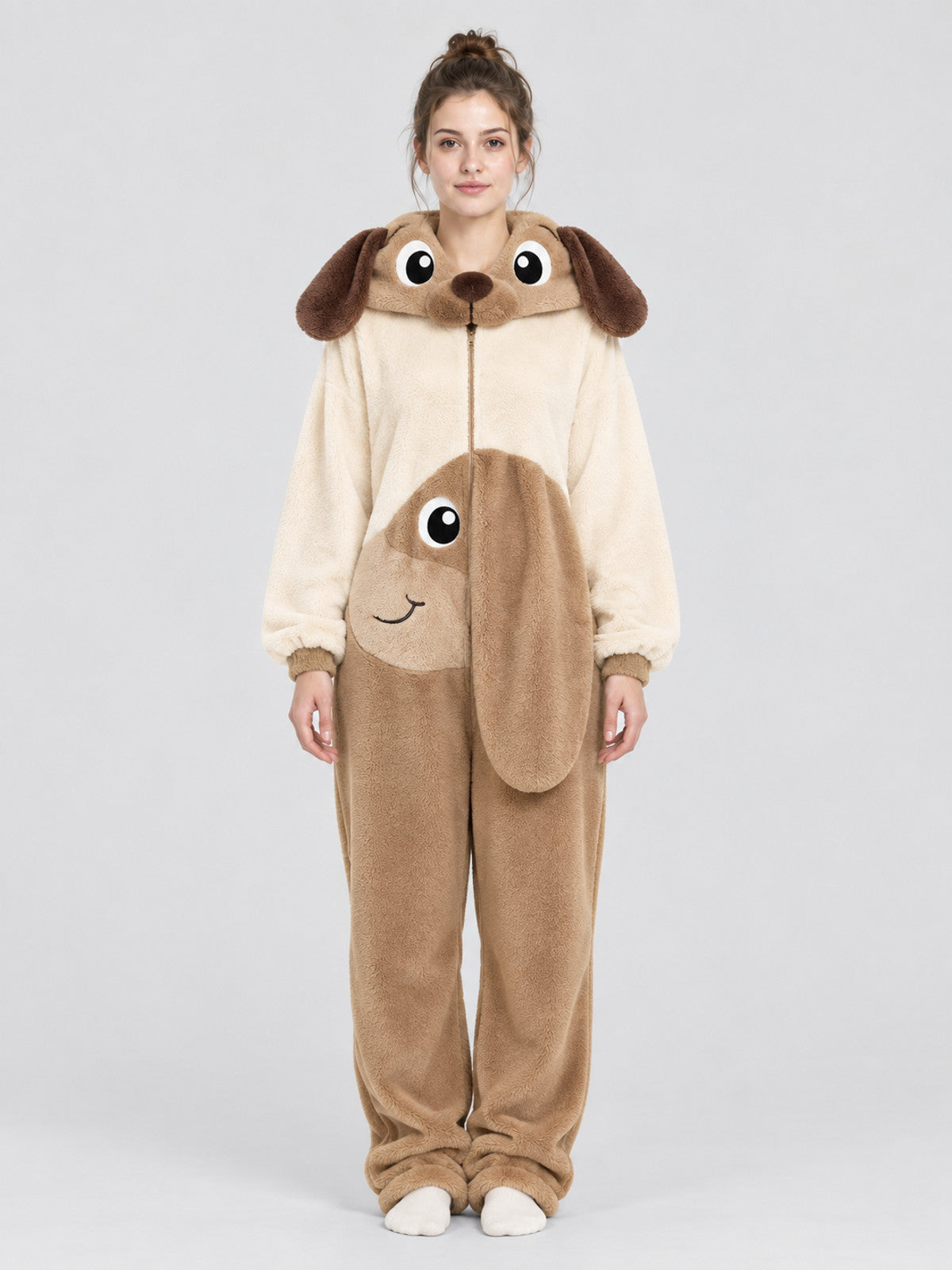 Loungewear jumpsuit with a hood, ears, and tail