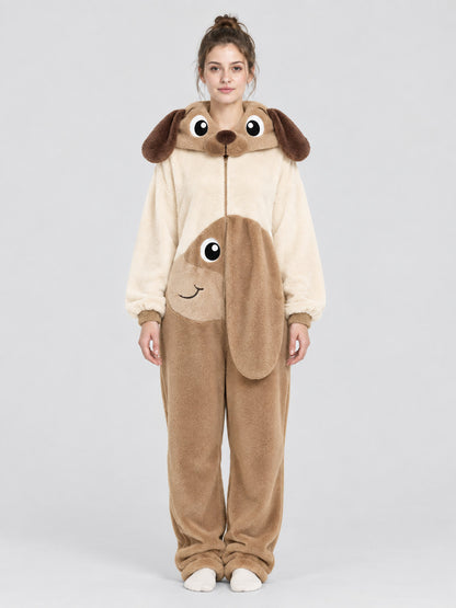 Loungewear jumpsuit with a hood, ears, and tail