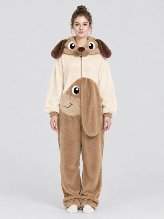 Loungewear jumpsuit with a hood, ears, and tail
