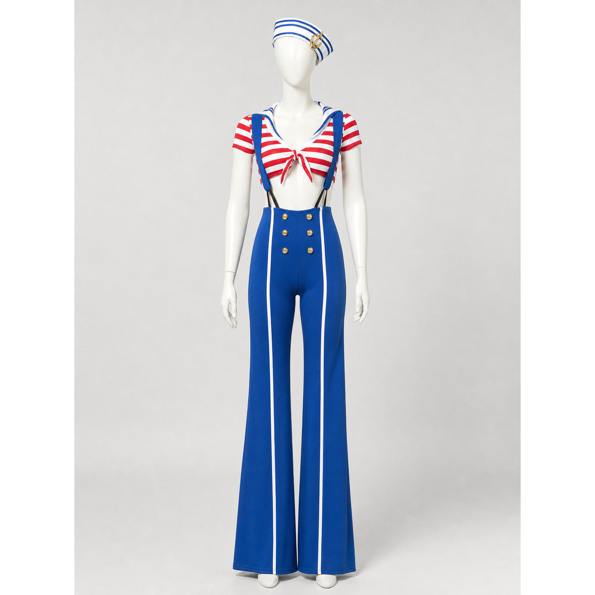 The set features a nautical style and consists of a short-sleeved top and suspender pants. The design combines white, red, blue, and gold colors. The top is decorated with red-and-white horizontal stripes, front lacing, and an open waistlin