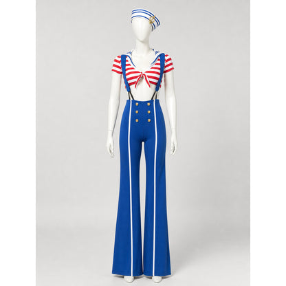The set features a nautical style and consists of a short-sleeved top and suspender pants. The design combines white, red, blue, and gold colors. The top is decorated with red-and-white horizontal stripes, front lacing, and an open waistlin