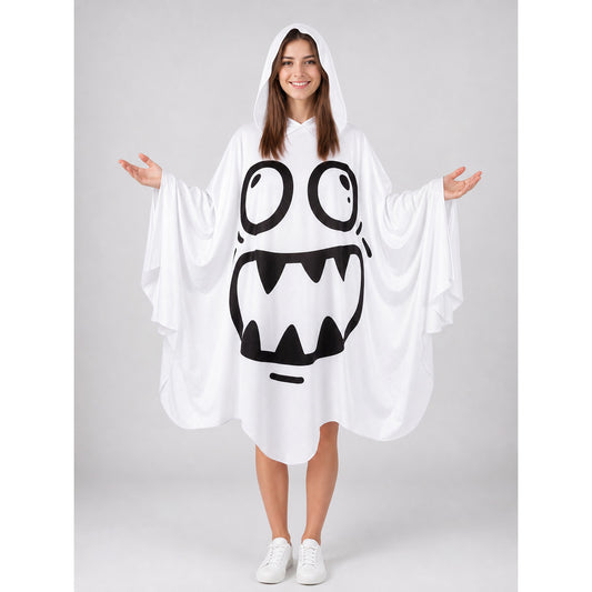 Halloween Ghost Costume, Hooded Poncho-Style Outfit With Cartoon Face, Wide Draped Sleeves For Parties And Themed Events