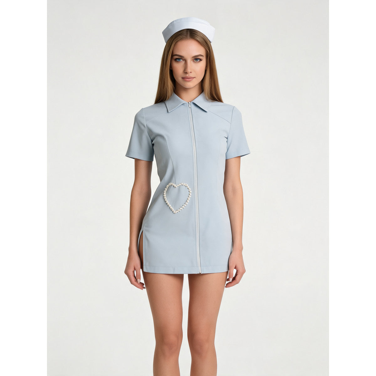 Blue nurse costume with cap for carnival on-model view
