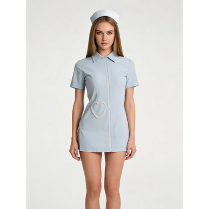 Blue nurse costume with cap for carnival on-model view