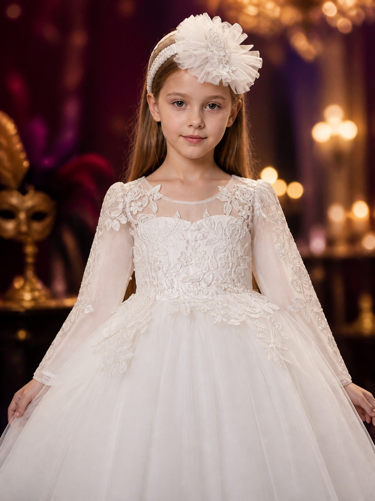 Girls' White Princess Dress, Long Sleeve Lace Embroidered Layered Tulle Gown on-model view