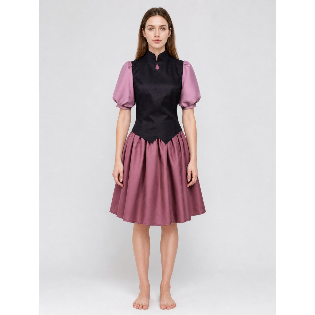 Amity Cosplay Costume with a Black Blouse and Burgundy Skirt on-model view