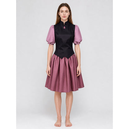 Amity Cosplay Costume with a Black Blouse and Burgundy Skirt on-model view