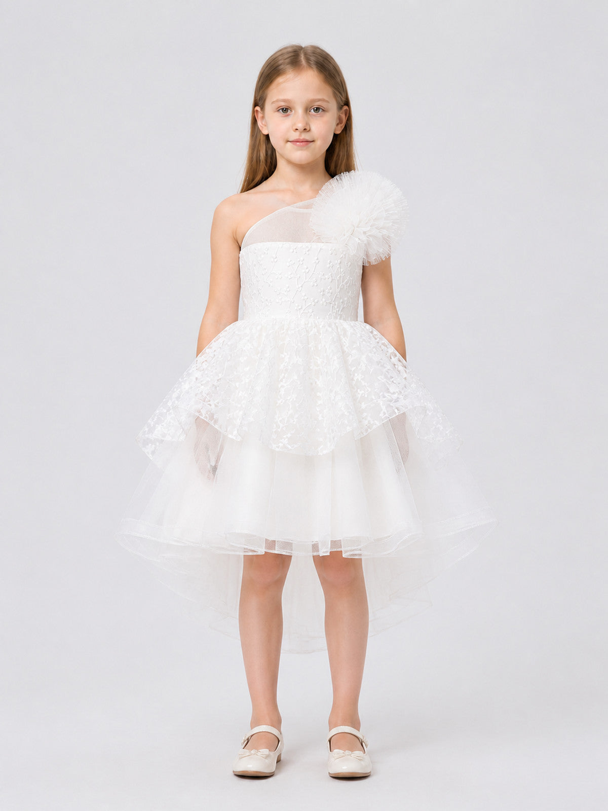 White Princess Dress for Girls with a Full Tulle Skirt on-model view