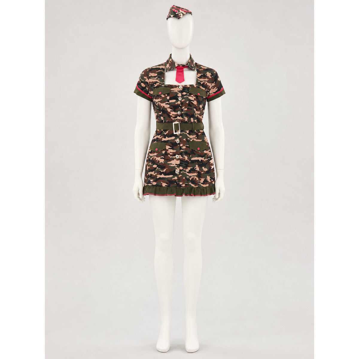 Camouflage Dress with Pockets, Belt, and Ruffles