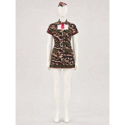 Camouflage Dress with Pockets, Belt, and Ruffles