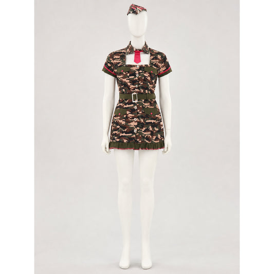 Camouflage military-style dress with short sleeves and a belt on-model view