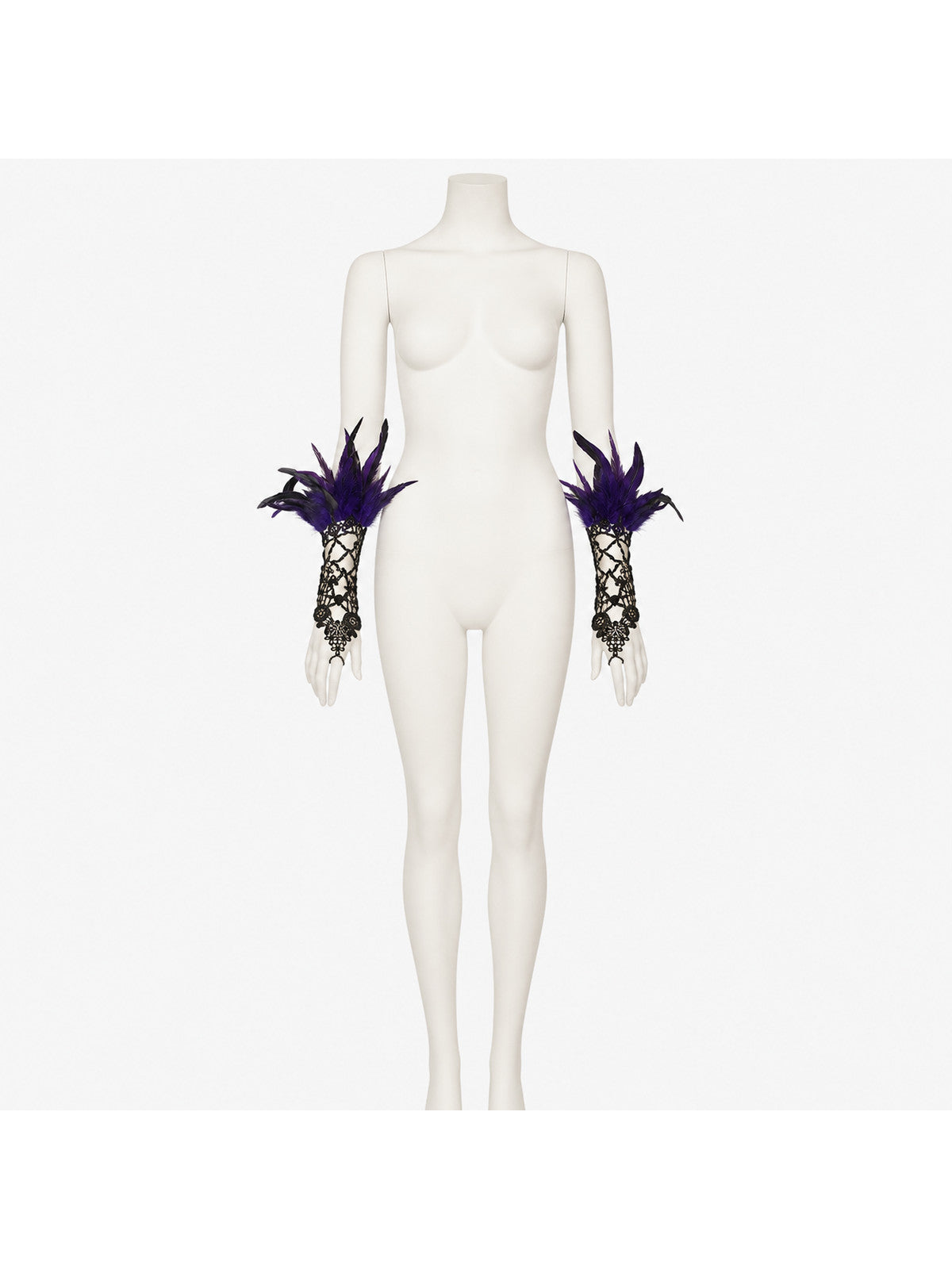 Front view of black lace gloves with purple feather cuffs displayed on a white mannequin