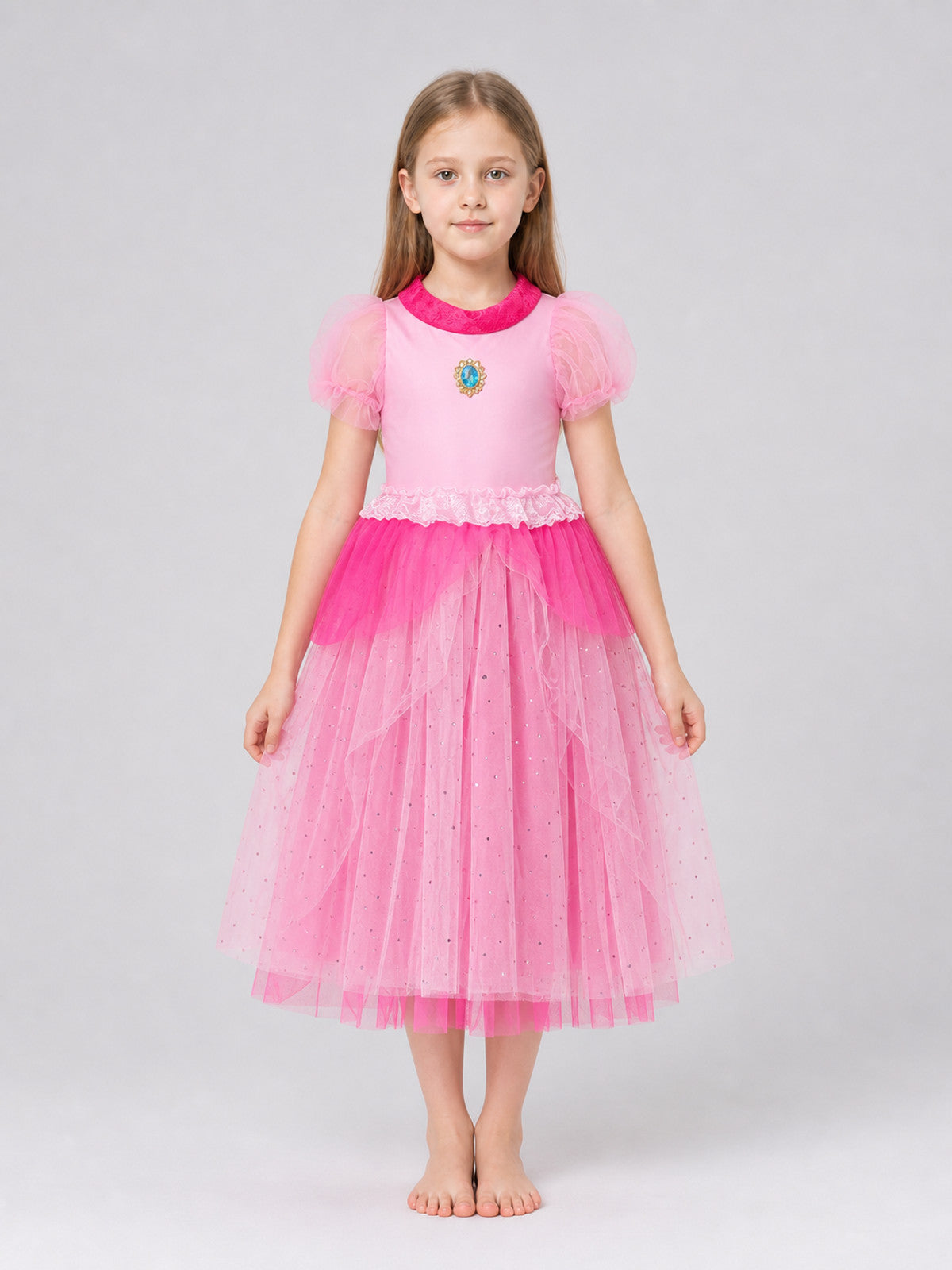 A bright pink Princess Peach costume created for transforming into a fairytale front view
