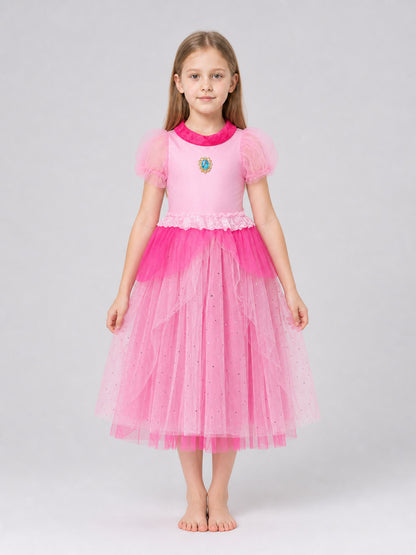 A bright pink Princess Peach costume created for transforming into a fairytale front view
