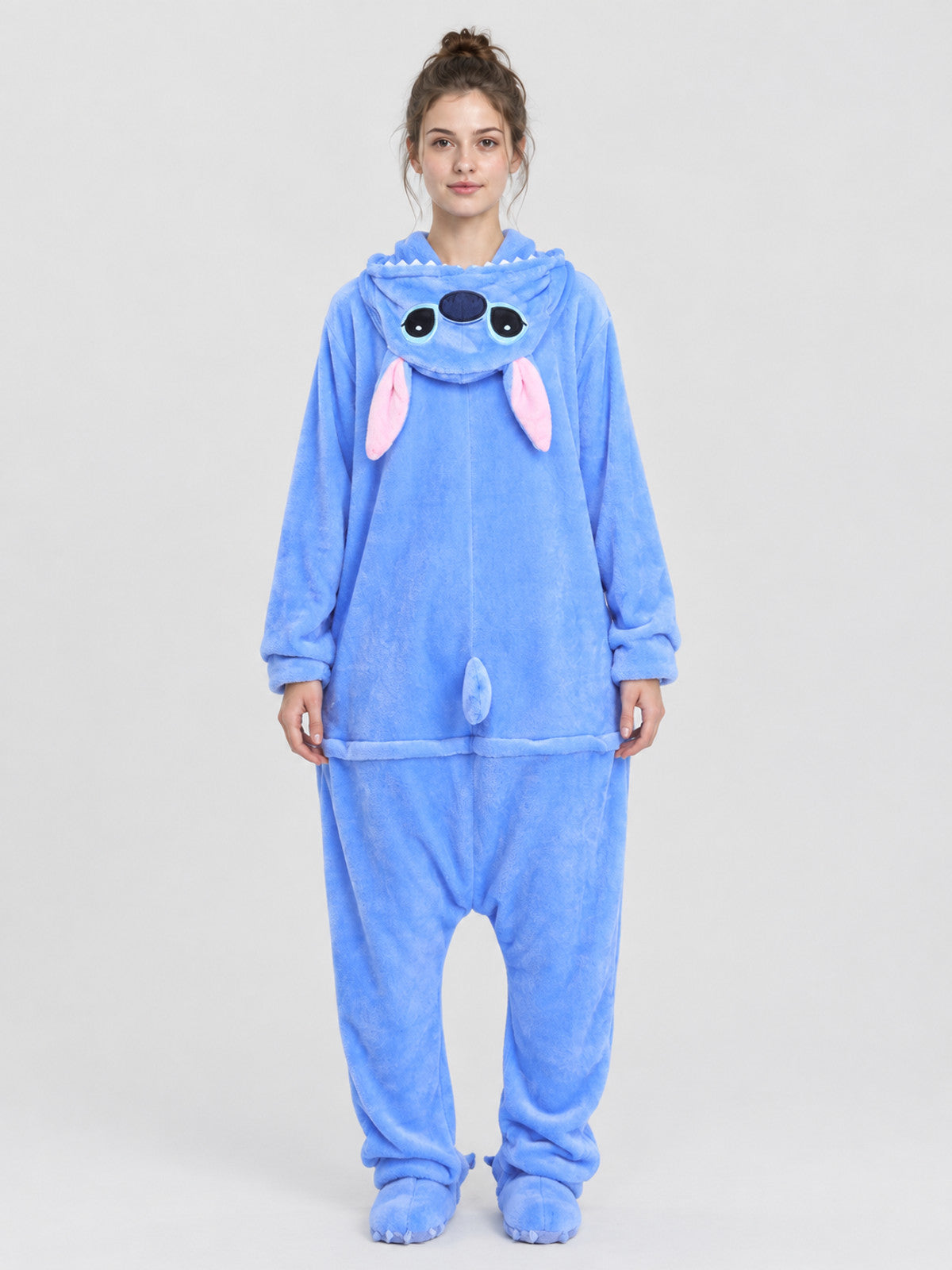 Blue pajama jumpsuit with a hood, ears, and tail