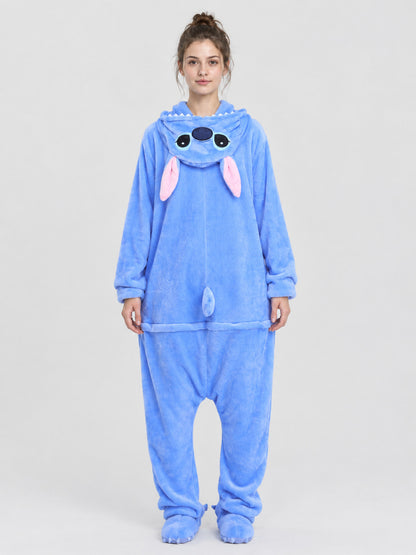 Blue pajama jumpsuit with a hood, ears, and tail