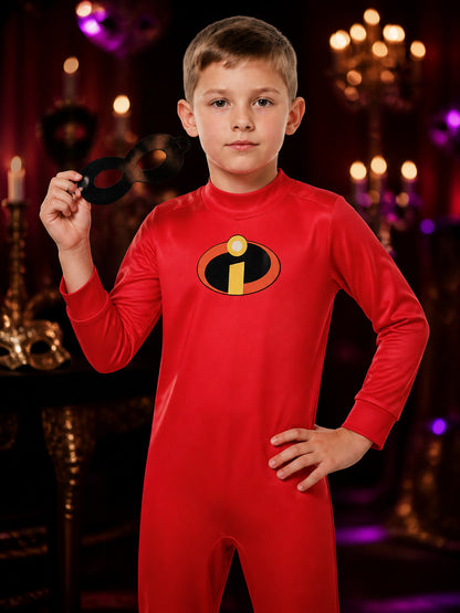 Kids Superhero Costume Set, Red Yellow Black Character Bodysuit with Eye Mask on-model view
