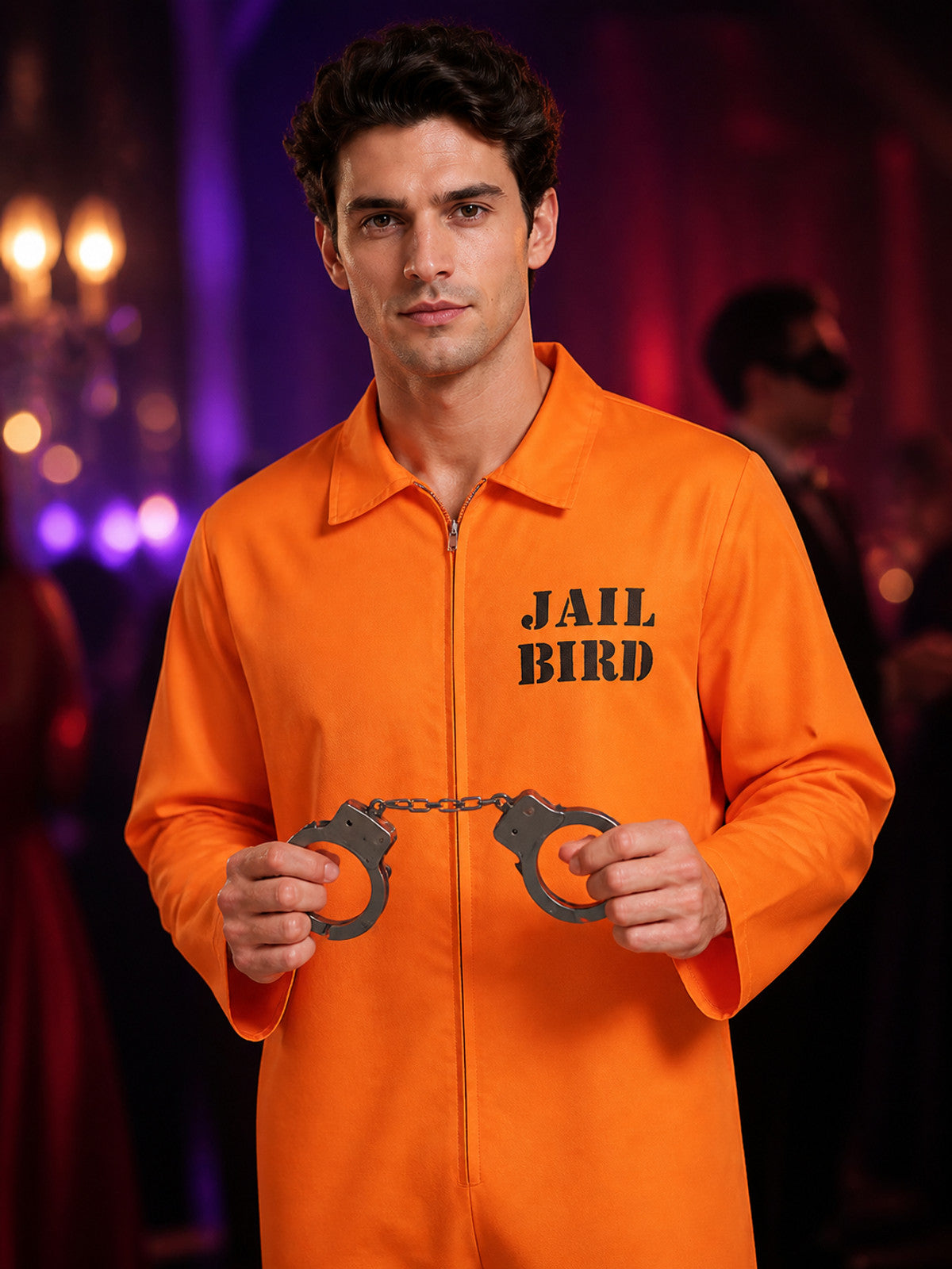 Orange Jail Bird Prison Jumpsuit Costume with Handcuffs on-model view