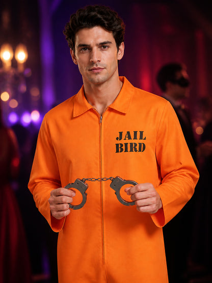 Orange Jail Bird Prison Jumpsuit Costume with Handcuffs on-model view