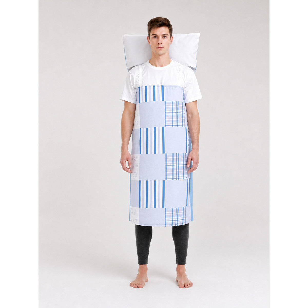 Carnival apron-cape with a blue-and-white pattern on-model view