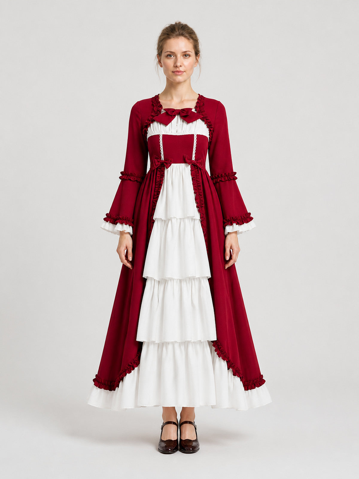 Vintage Medieval Dress with Ruffles and Bows on-model view