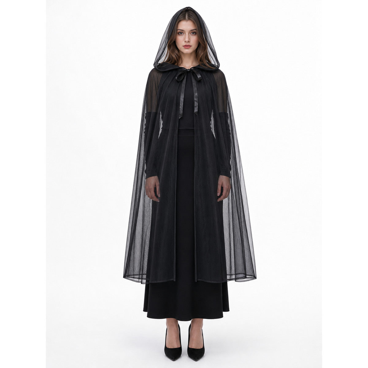 Black hooded costume cloak for cosplay front view