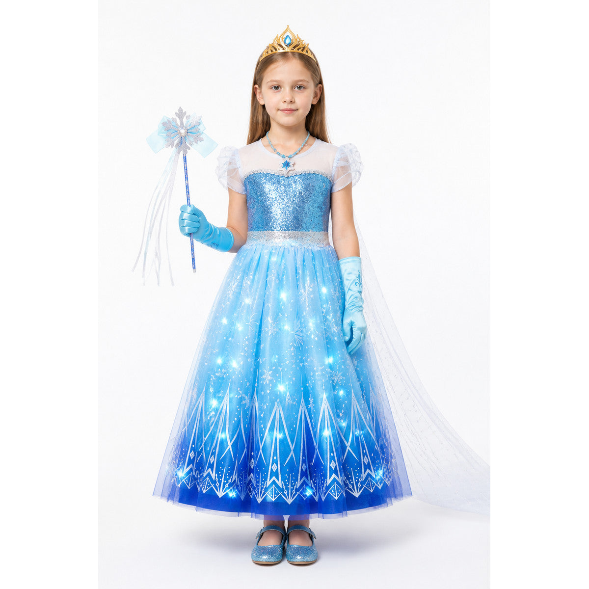 Glowing Elsa Costume with Crown and Snowflakes