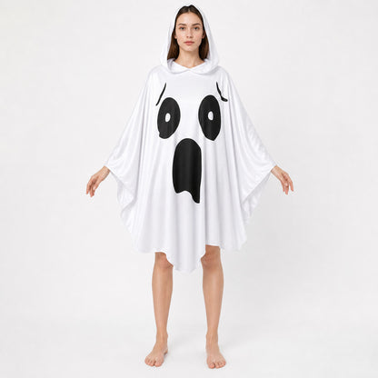 Ghost Halloween Costume Poncho with Attached Hood, Wide Draped Sleeves, Open Mouth Graphic and Spooky Face Design for Costume Events