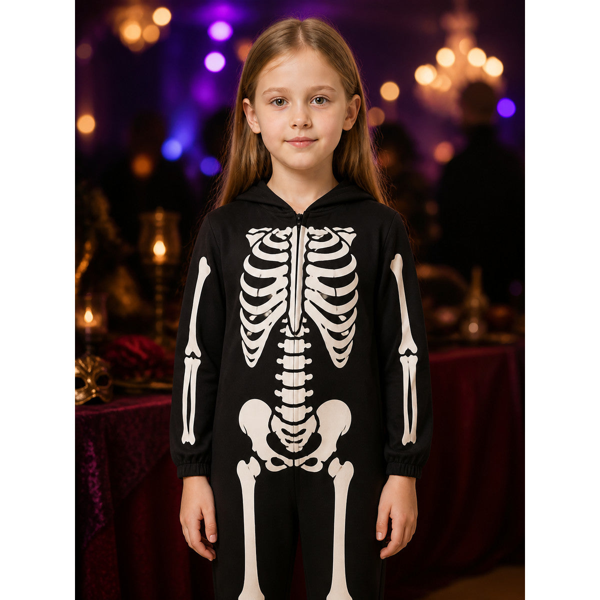 Glow In The Dark Skeleton Bodysuit Costume, Fluorescent Green Bones, Hooded Full on-model view