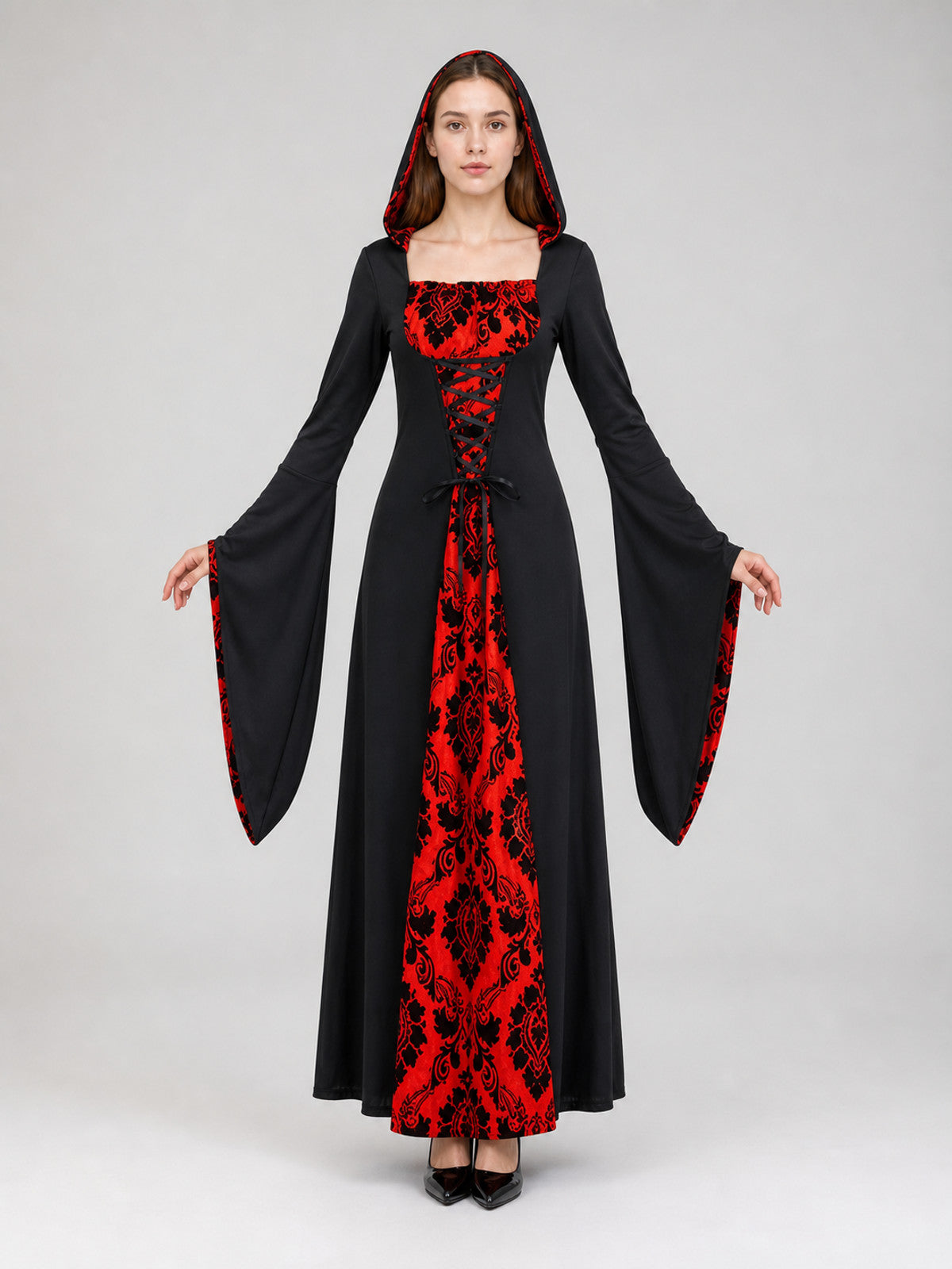 Gothic Hooded Dress with Red Pattern front view