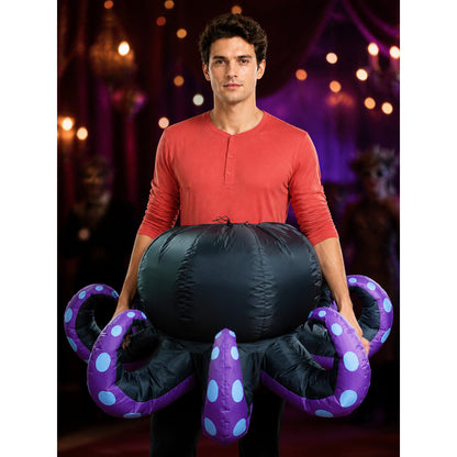 Octopus Inflatable Costume, Black Body with Purple Tentacles and Blue Dots on-model view