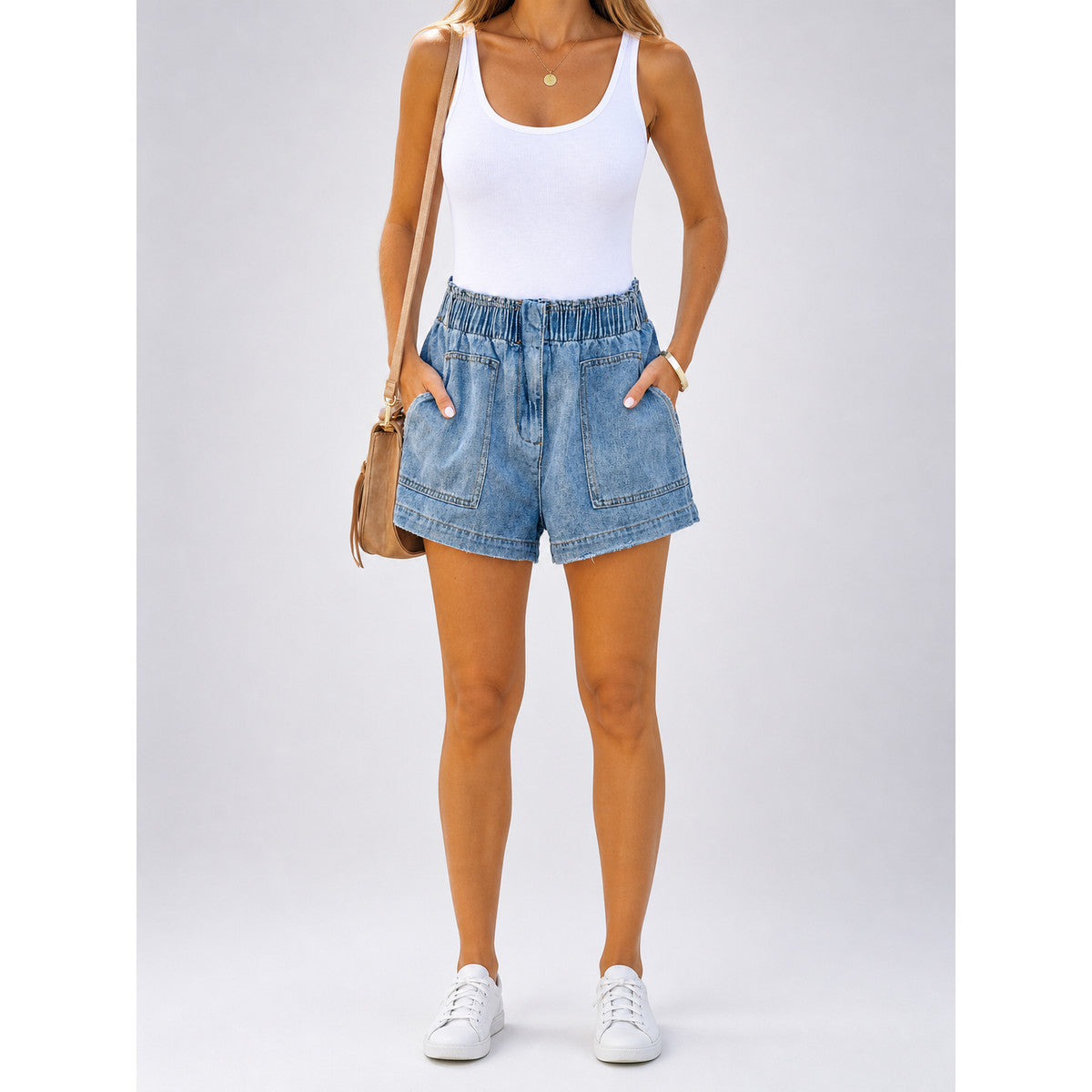 Light Blue High-Waisted Loose-Fit Denim Shorts