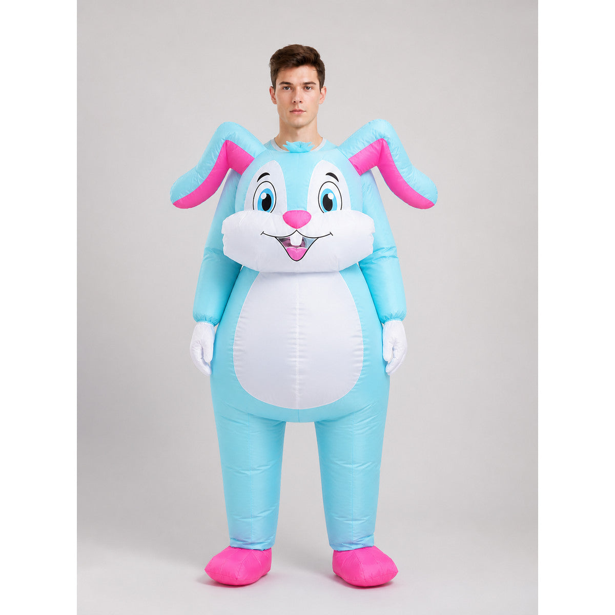 Full-body rabbit costume in a cartoon character style for Easter celebrations, costume parties, and performances. The look is done in light blue and white, with a white muzzle and oval belly patch accented by bright pink inner ears, nose, a