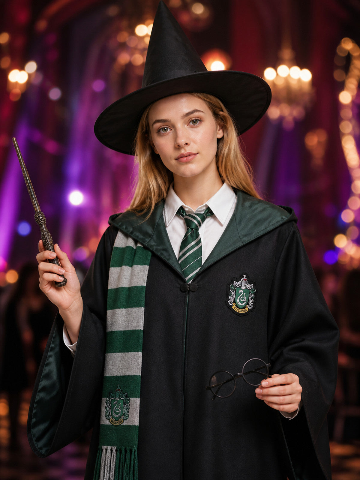 Green Wizard Costume Set: Hooded Robe, Hat, Tie, Scarf, Glasses & Wand on-model view