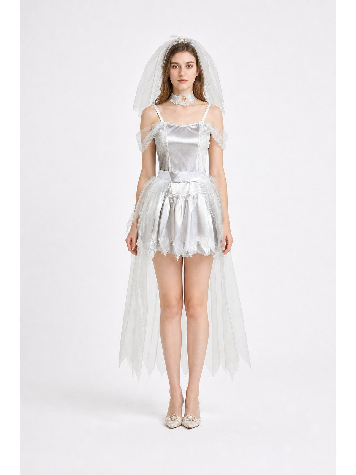 Retro-Style Dress with Cape and Train, White main product view