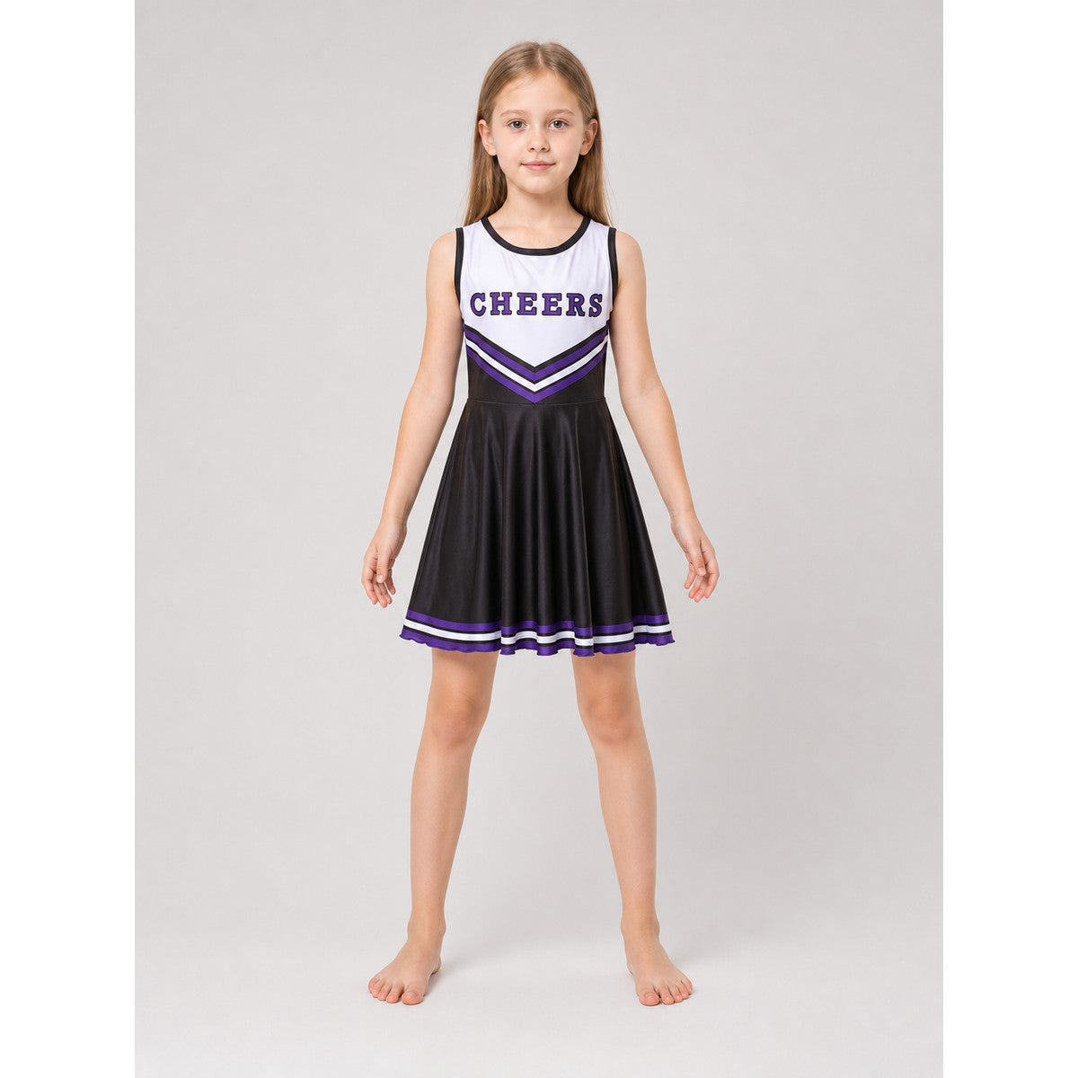 Cheerleading costume with pom-poms, dress, and leg warmers front view