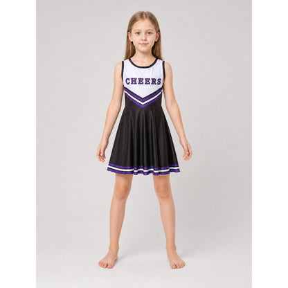 Cheerleading costume with pom-poms, dress, and leg warmers front view