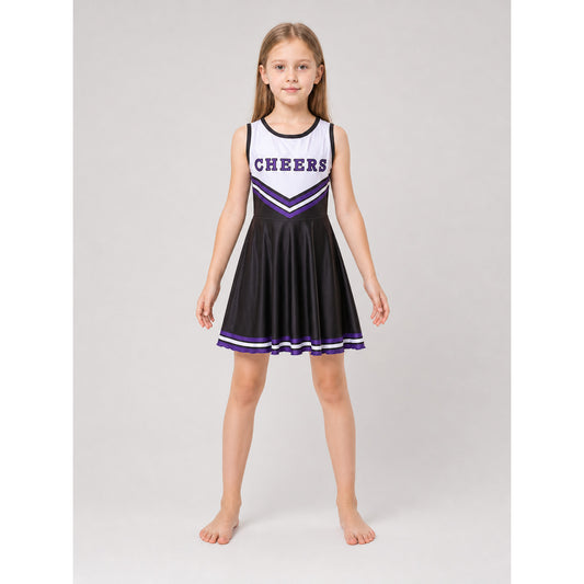 Cheerleading costume with pom-poms, dress, and leg warmers front view