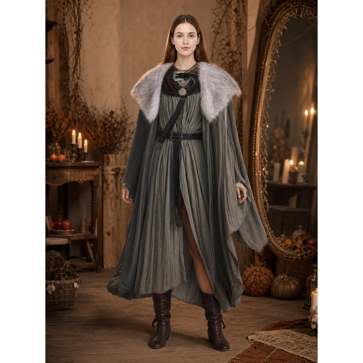Adults Viking-Inspired Costume Cape, Gray Shoulder Wrap With Deep Red And Black Chest Details, Gold-Tone Ornament For Role Play Styling