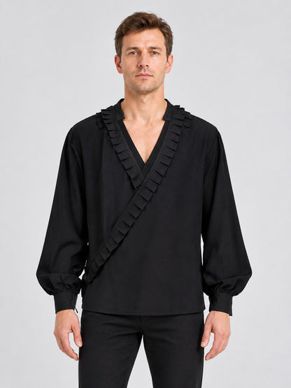Black Shirt with Asymmetric Placket and Ruffles