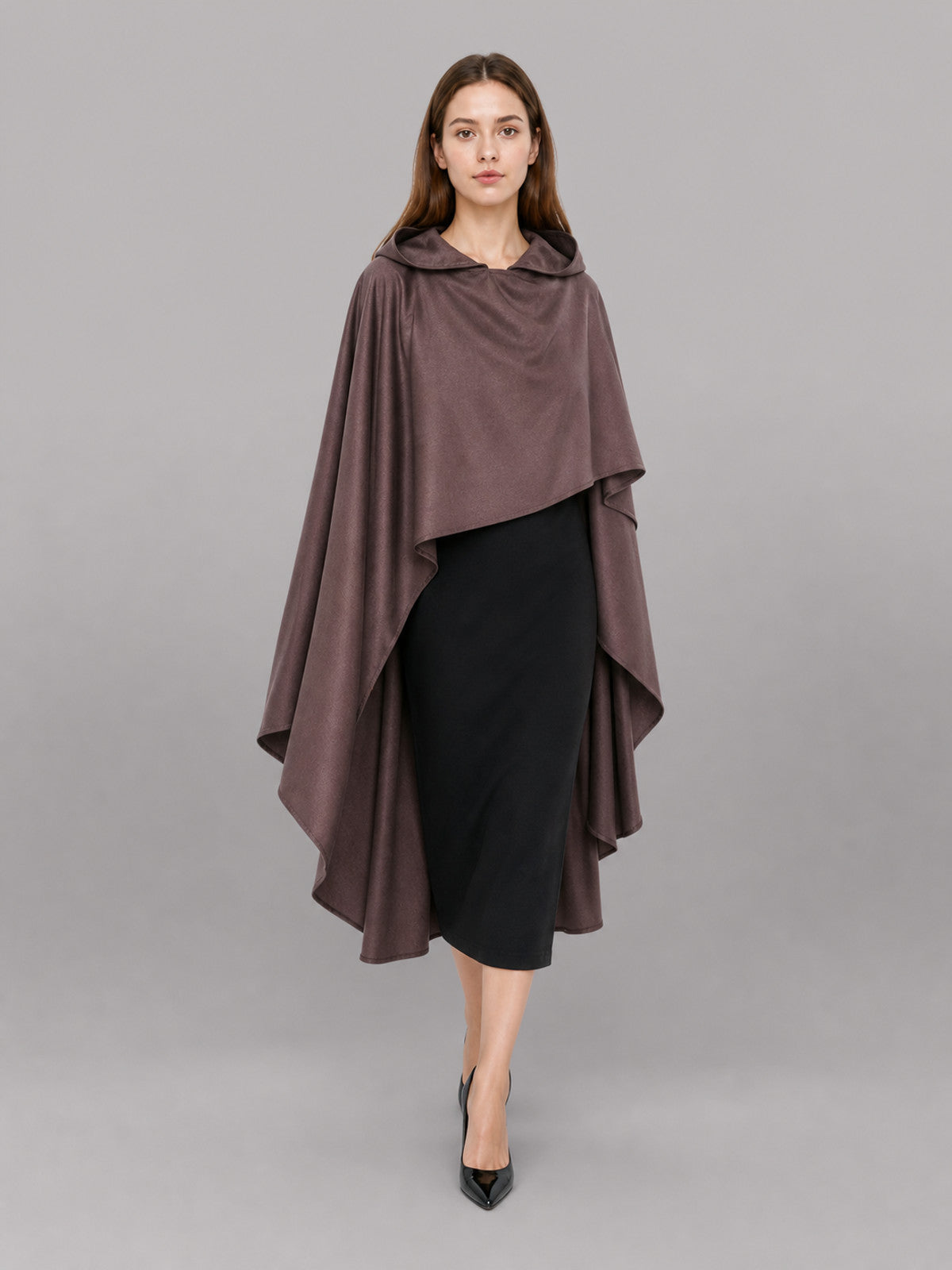 Dark Brown Hooded Carnival Cloak front view