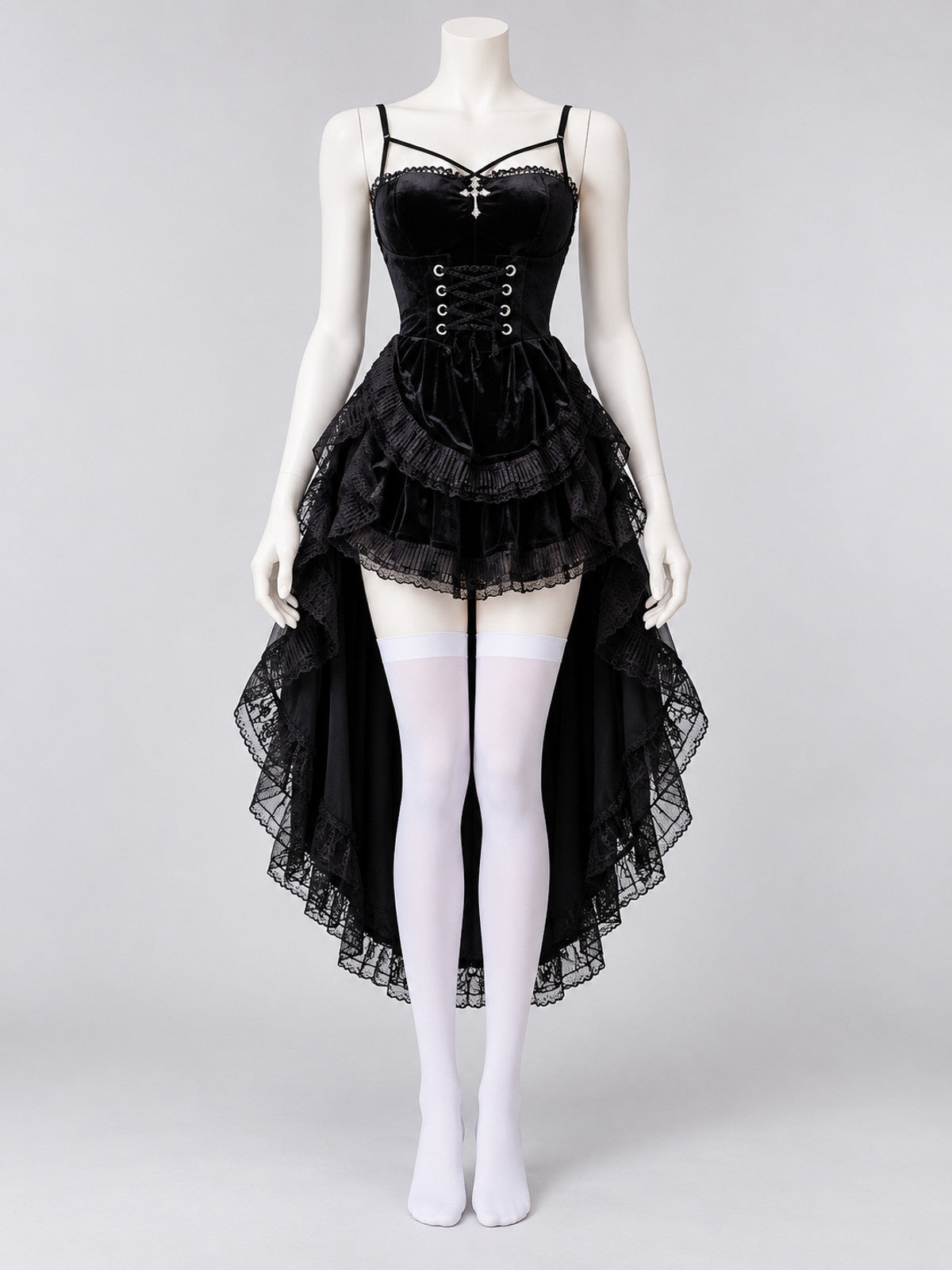 Gothic-style carnival costume with stockings, black