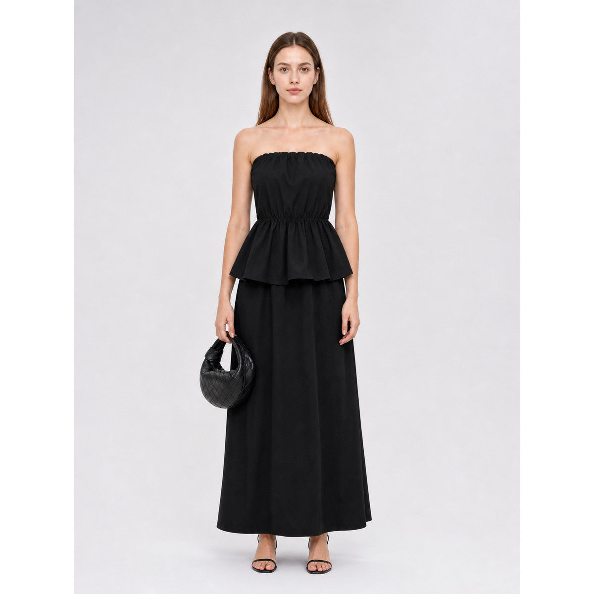 Black bandeau dress with a ruched bodice