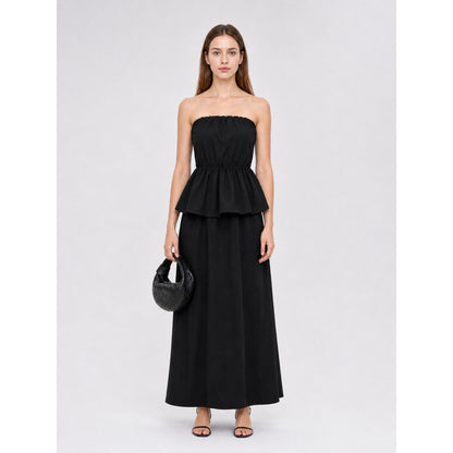 Black bandeau dress with a ruched bodice
