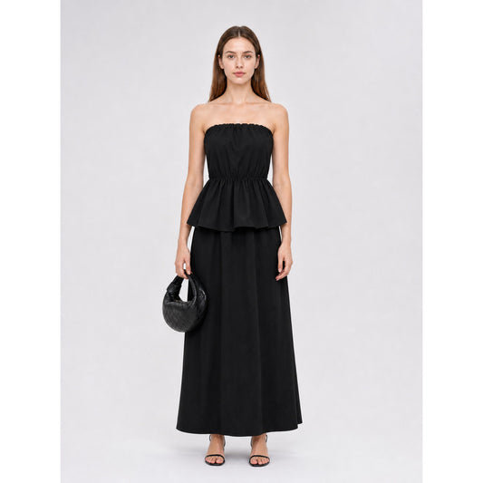Black bandeau dress with a ruched bodice