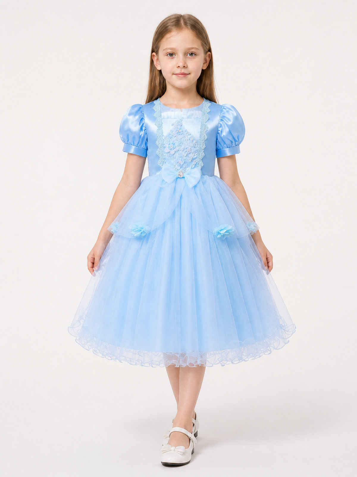 Light blue dress with a full skirt and puff sleeves main product view