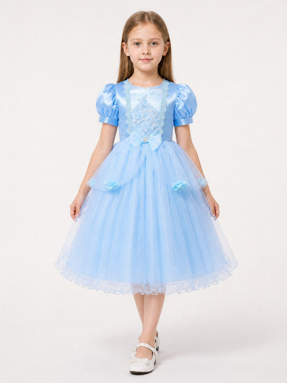 Light blue dress with a full skirt and puff sleeves main product view