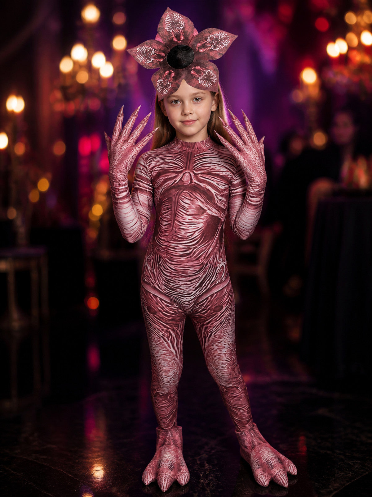 Unisex Flower Monster Bodysuit Halloween Costume Set With Headpiece, Gloves And on-model view