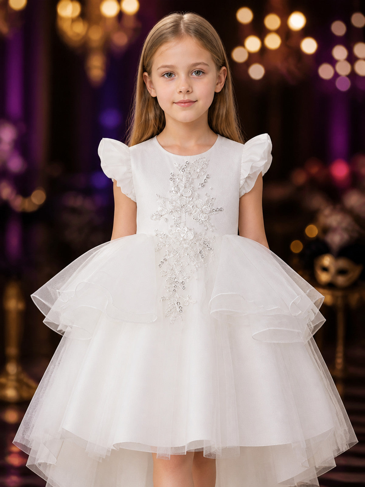 Girls' White Princess Dress, Layered Tulle Skirt with Lace Floral Embroidery and